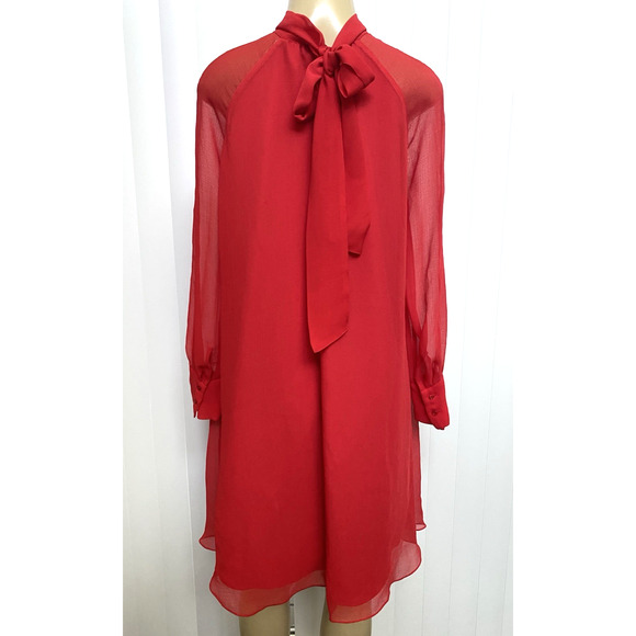 KENZO Red Flare A line Mini Dress Tunic Long Sleeve Neck Tie Crepe 34 XS - Picture 6 of 11